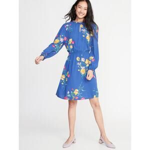 NWT Old Navy Waist Defined Dress Long Sleeve Ruffle Knee Length Floral Blue XXL